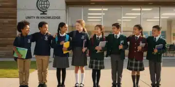 Children from public and private schools side-by-side, representing US education models