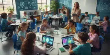 US K-12 AI Literacy: Programs & Implementation for 2026 Students learning AI literacy in a modern US K-12 classroom