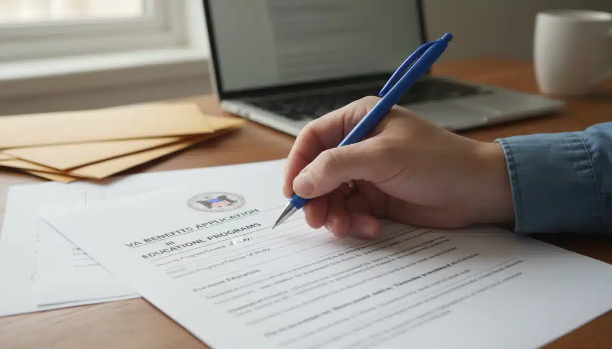 Hand completing a VA benefits application form for educational programs.
